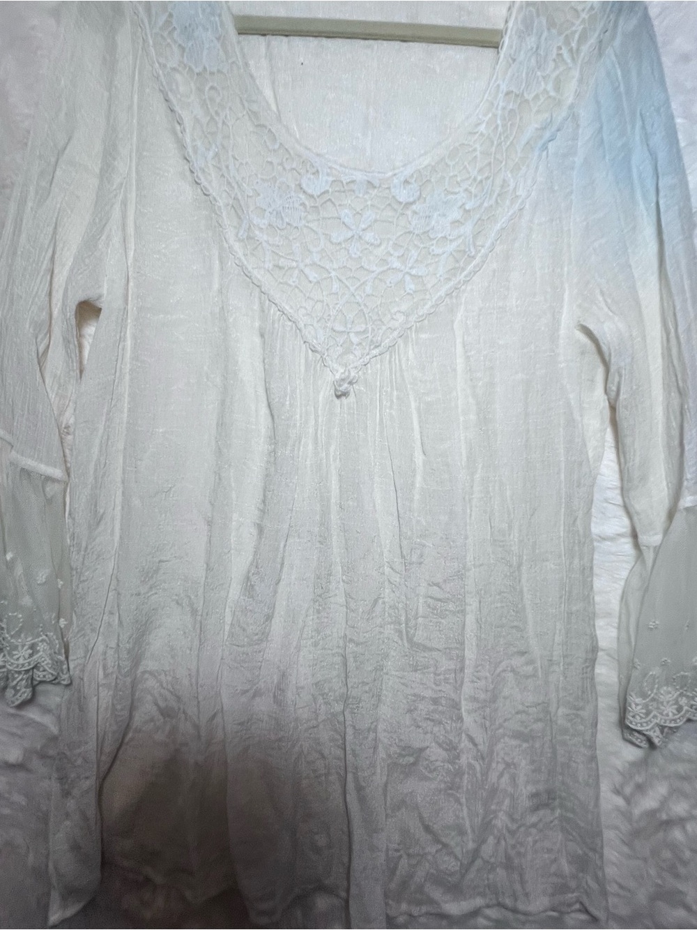 Crochet Yoke White Flowy Peasant Tunic Top Whimsical Bohemian Lace Feminine